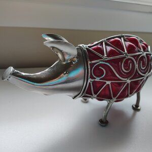 Red Hand Blown Glass Metal Caged Pig Decorative Figurine  10" Long